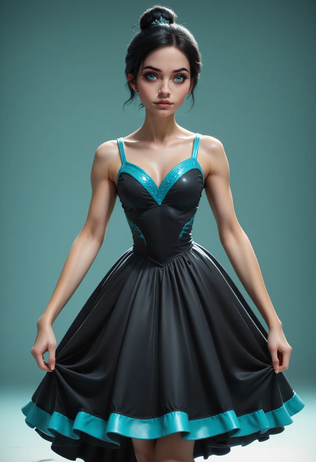 score_9, score_8_up, score_7_up,
1girl, solo, cowboy shot, figure skating dress, black dress, aqua accents, ice skating,
<lora:Dark_Svetlana_Pony_v0.1:0.5> d4rksv3tl4n4, aqua eyes, black hair, single bun hair,