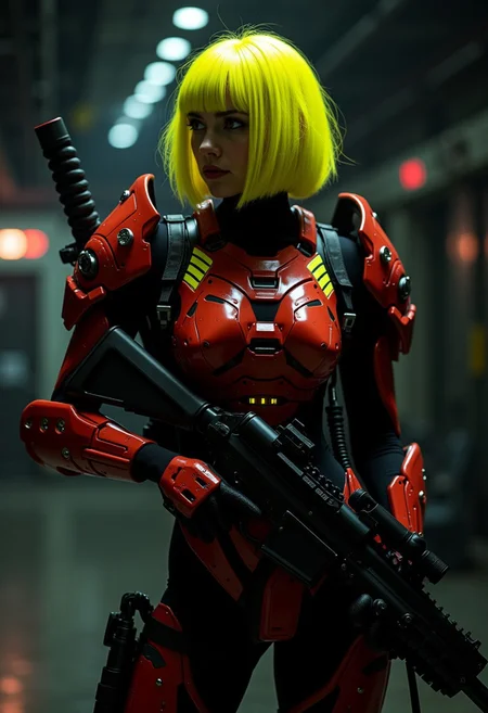 japanese female sci-fi with cyber implants, neon yellow bob cut hair, red N7 (source Mass Effect video games) power armor with yellow accents over black bodysuit, assault weapon slung over her back, standing in a mech hangar, viewed from the side, silhouetted, chiascuro, light hitting one side of her, dark background