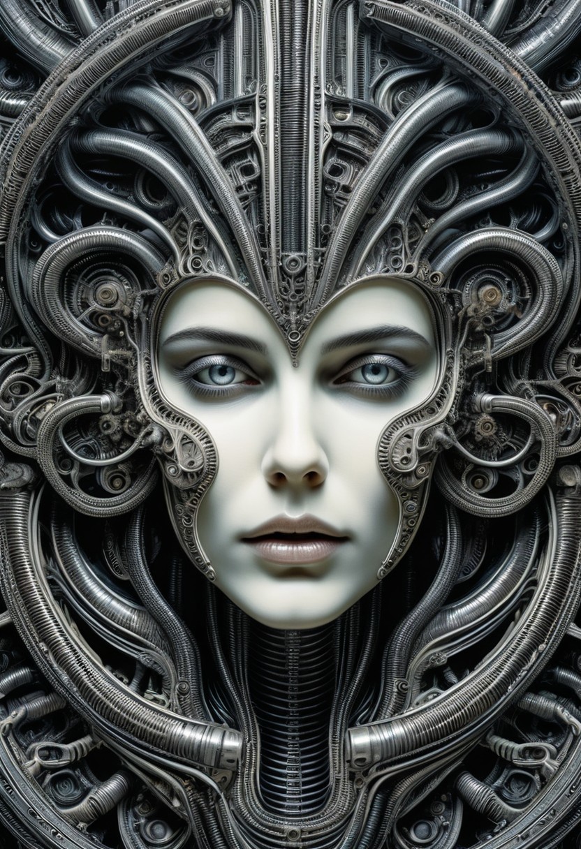 detailxl, high quality,
(black blank background:1.2)
(woman face, looking at viewer, multiple eyes open :1.4),
(mechanical, organs, engine, wires, contraptions, pipes), 
(painting illustration by HG Giger:1.8)