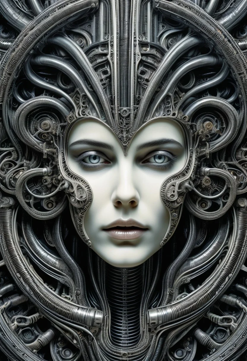 detailxl, high quality,
(black blank background:1.2)
(woman face, looking at viewer, multiple eyes open :1.4),
(mechanical, organs, engine, wires, contraptions, pipes),
(painting illustration by HG Giger:1.8)