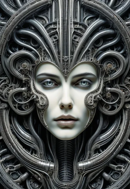 detailxl, high quality,
(black blank background:1.2)
(woman face, looking at viewer, multiple eyes open :1.4),
(mechanical, organs, engine, wires, contraptions, pipes),
(painting illustration by HG Giger:1.8)