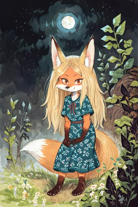(anthro fox girl:1.4),(blonde hair:1.2),(solo:1.5),ameli,smile,grass
deep dark night,casual dress,looking at viewer,(wariza:1.2)
<lora:Perfect Hands:1> <lora:age_slider_v4:-2> <lora:Ameli:0.85>, score_9, score_8_up, score_7_up, score_6_up, score_5_up, score_4_up,zPDXL