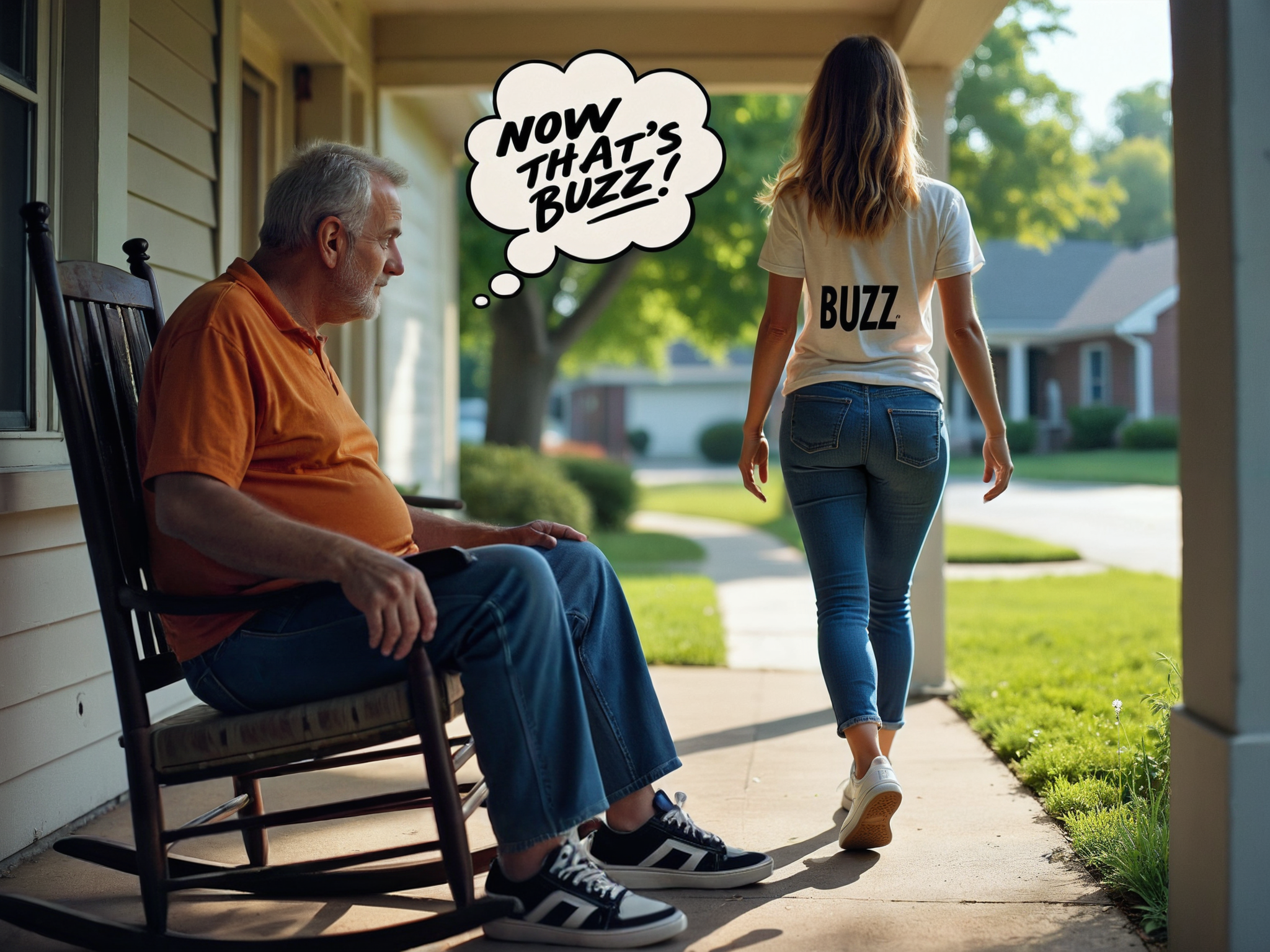 colorful, high contrast, vivid photograph from the side an old man sitting in a rocking chair on his front porch looking across the yard at a young slender woman wearing a T-Shirt that says BUZZ and blue jeans and sneakers is walking down a sidewalk,(his thought bubble says NOW THAT'S BUZZ:1.4), highly insanely detailed, masterpiece, top quality, best quality, highres, 4k, 8k, RAW photo