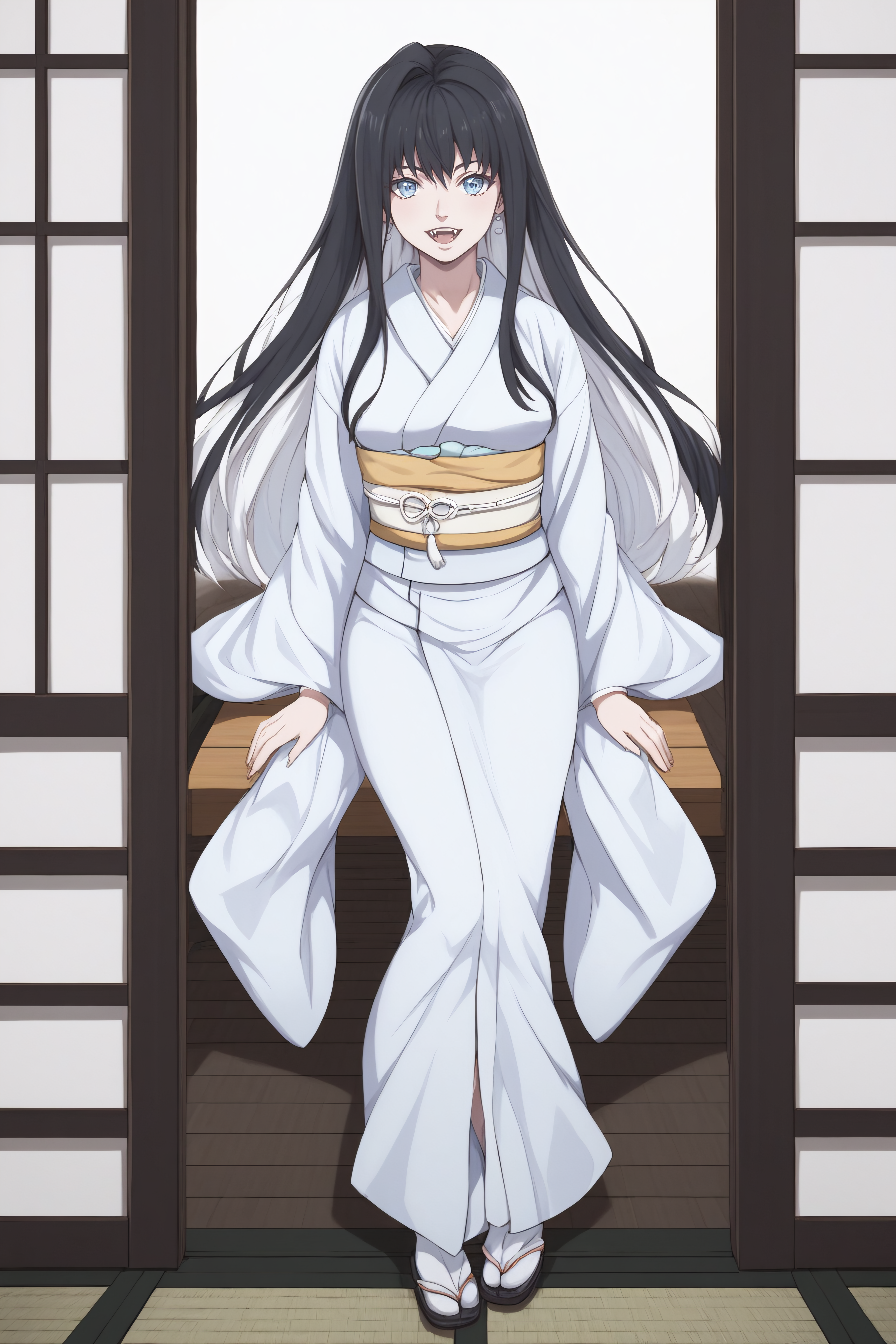 score_9, score_8_up, score_7_up, BREAK, source_anime, <lora:Yuki Onna-PonyXL-lora-Faxtron:0.8> yuki onna, light blue eyes, black hair, white hair, multicolored hair, long hair, medium breasts, fangs, japanese clothes, white kimono, sash, obi, sandals,