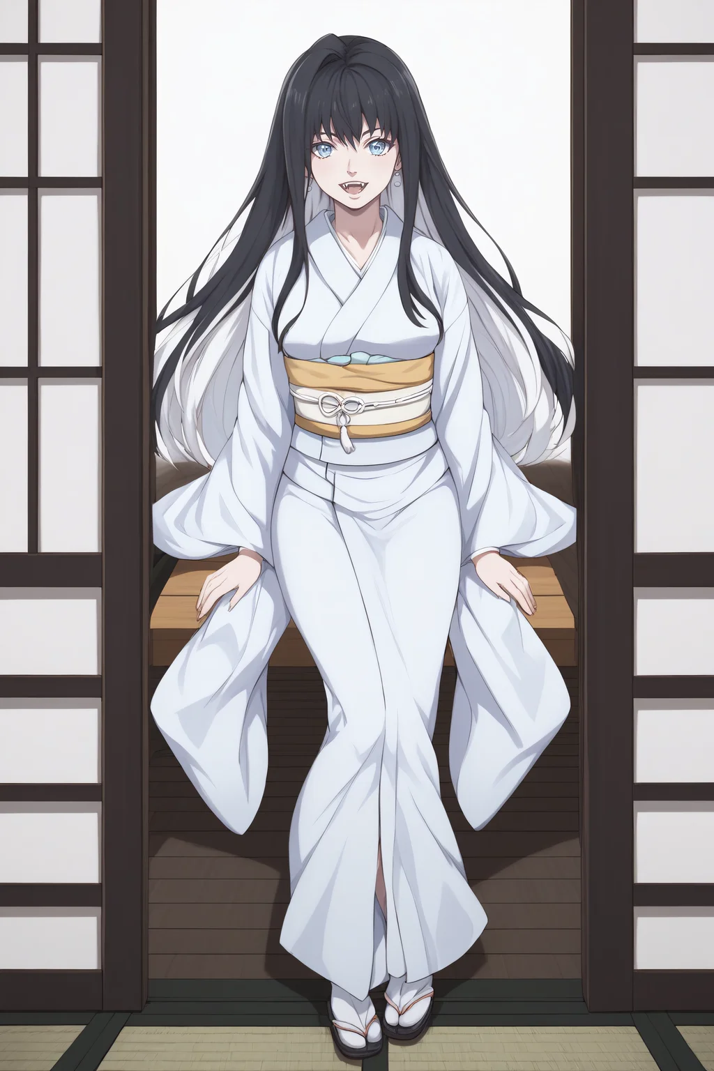 score_9, score_8_up, score_7_up, BREAK, source_anime, <lora:Yuki Onna-PonyXL-lora-Faxtron:0.8> yuki onna, light blue eyes, black hair, white hair, multicolored hair, long hair, medium breasts, fangs, japanese clothes, white kimono, sash, obi, sandals,
