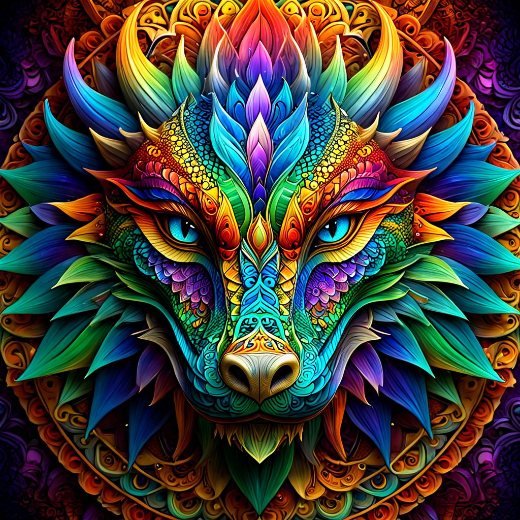 create a straight forward image of a dragons face made of intricate and complex mandala designs, extremely beautiful colors showing an aura of beauty, blend rainbow colors in an Ambre, UHD, 32K
