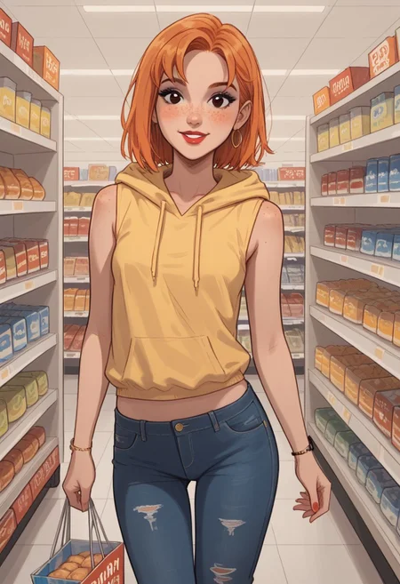 score_9, score_8_up, score_7_up, 1girl, solo, looking at viewer, saragoleadoras, (adult body:1.2), perfect eyes, slim body, small round breasts, small butt, narrow waist, narrow hips, orange hair, black eyes, face freckles, medium hair, makeup, eyeliner, lipstick, cheerful, open yellow hoodie parka, blue shorts jeans, tank top, sleeveless, walking posing, shopping center