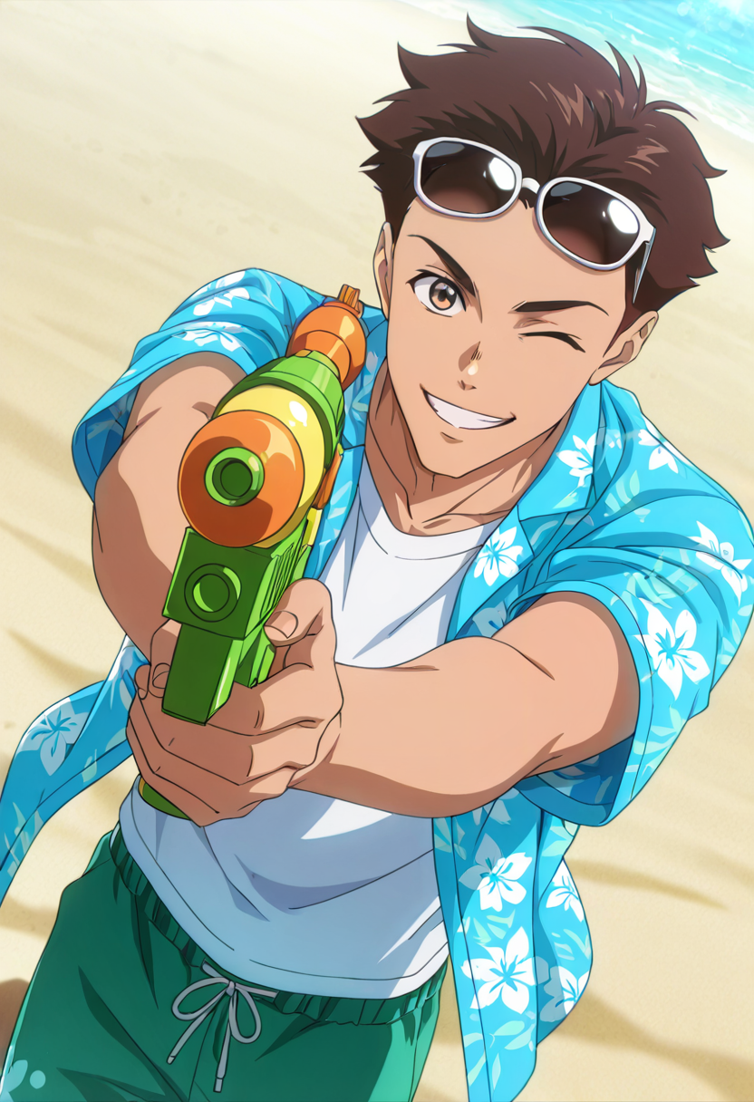 masterpiece, best quality, newest, absurdres, anime screencap, intricate details, good quality, very awa, highres, perfect proportions, perfect eyes, amazing quality, very aesthetic, <lora:Sakaki_Shohei_Love_All_Play.safetensors:1.0>,  1boy, shoh31_sakak1, brown_shoh31_sakak1_eyes, brown_shoh31_sakak1_hair, anime coloring, solo, male focus,  pov, beach,   blue hawaiian shirt, open clothes, green swim trunks, eyewear on head, sunglasses, holding gun, water gun, aiming at viewer,   one eye closed, looking at viewer, smile, shadow, dynamic angle, dynamic action, atmospheric perspective, intricate lighting, intricately detailed illustration, depth of field,