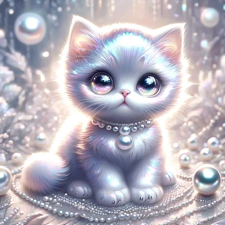 Pearlum, kitten, large round eyes, fluffy fur, surrounded by pearls, shiny spheres, ethereal atmosphere, magical, focus on details, whimsical, enchanting, high resolution, digital art, visual aesthetics, contemporary design, vibrant colors, reflective surfaces, artistic composition, high contrast, elegant, intricate detailing, modern, surreal. <lora:Pearlum_World_Morph:1>