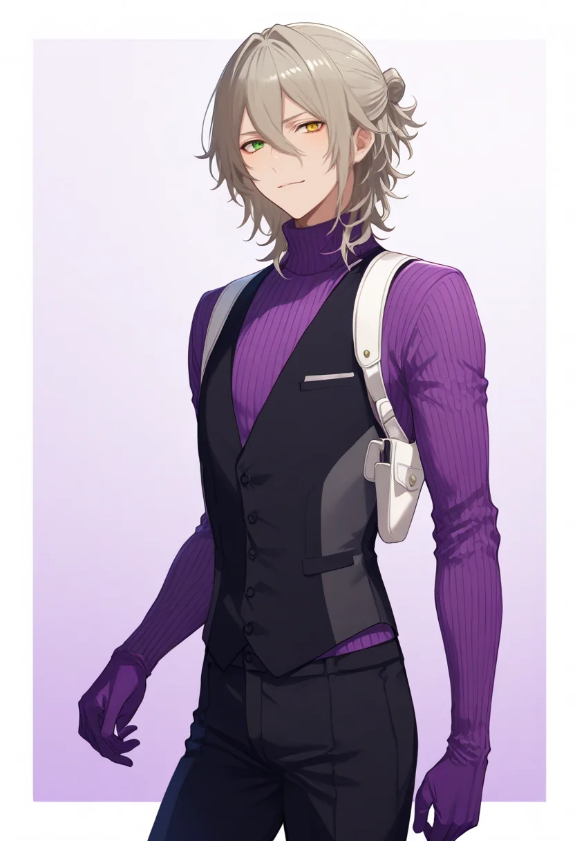 <lora:Kaname_Kuruto>,male focus,1boy,solo,date kaname,heterochromia,yellow eyes,green eyes,gloves,purple gloves,standing,smile,sweater,black pants,closed mouth,looking at viewer,pants,black ankle boots,buttons,upper body,shoulder holster,vest,turtleneck sweater,ribbed sweater,black vest,waistcoat,masterpiece,high score,great score,absurdres,