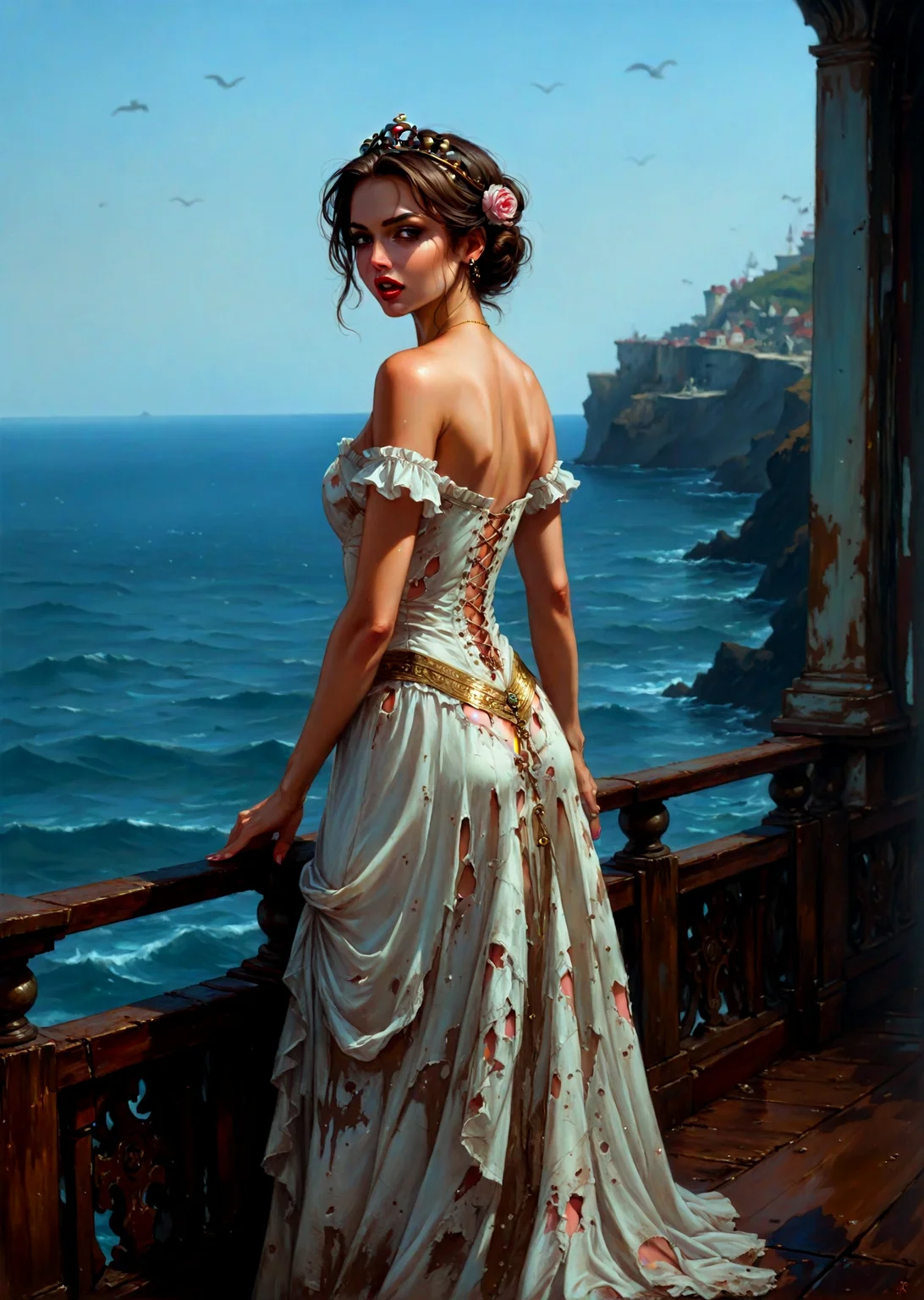 score_9, score_8, score_7, sea, deck of a pirate frigate, painfully screaming suffering ((slavic princess)) in torn white luxury dress, brown short hair, booty ass, wide hips, small breasts, crown, jewelry, centered, intricate, elegant, highly detailed, digital painting, smooth, sharp focus, soft colors, <lora:lora\EnvyFantasyArtDecoXL01.safetensors:0.65:0.65> <lora:lora\Fant5yP0ny.safetensors:0.65:0.65>