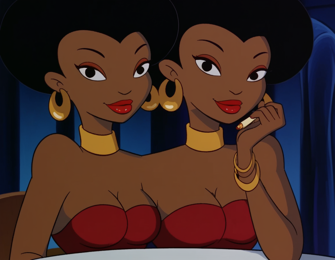 score_9, score_8_up, score_7_up, source_anime, <lora:sensational-sartori-sisters-ponyxl-lora-nochekaiser:1>, sensational sartori sisters, multiple girls, black hair, 2girls, medium breasts, dark skin, dark-skinned female, makeup, siblings, lipstick, sisters, very dark skin, lipstick,, dress, cleavage, bare shoulders, jewelry, earrings, choker, bracelet, strapless, red dress, hoop earrings, neck ring,, indoors, smile, looking at viewer, solo, sitting, head rest, table,, cowboy shot, dutch angle