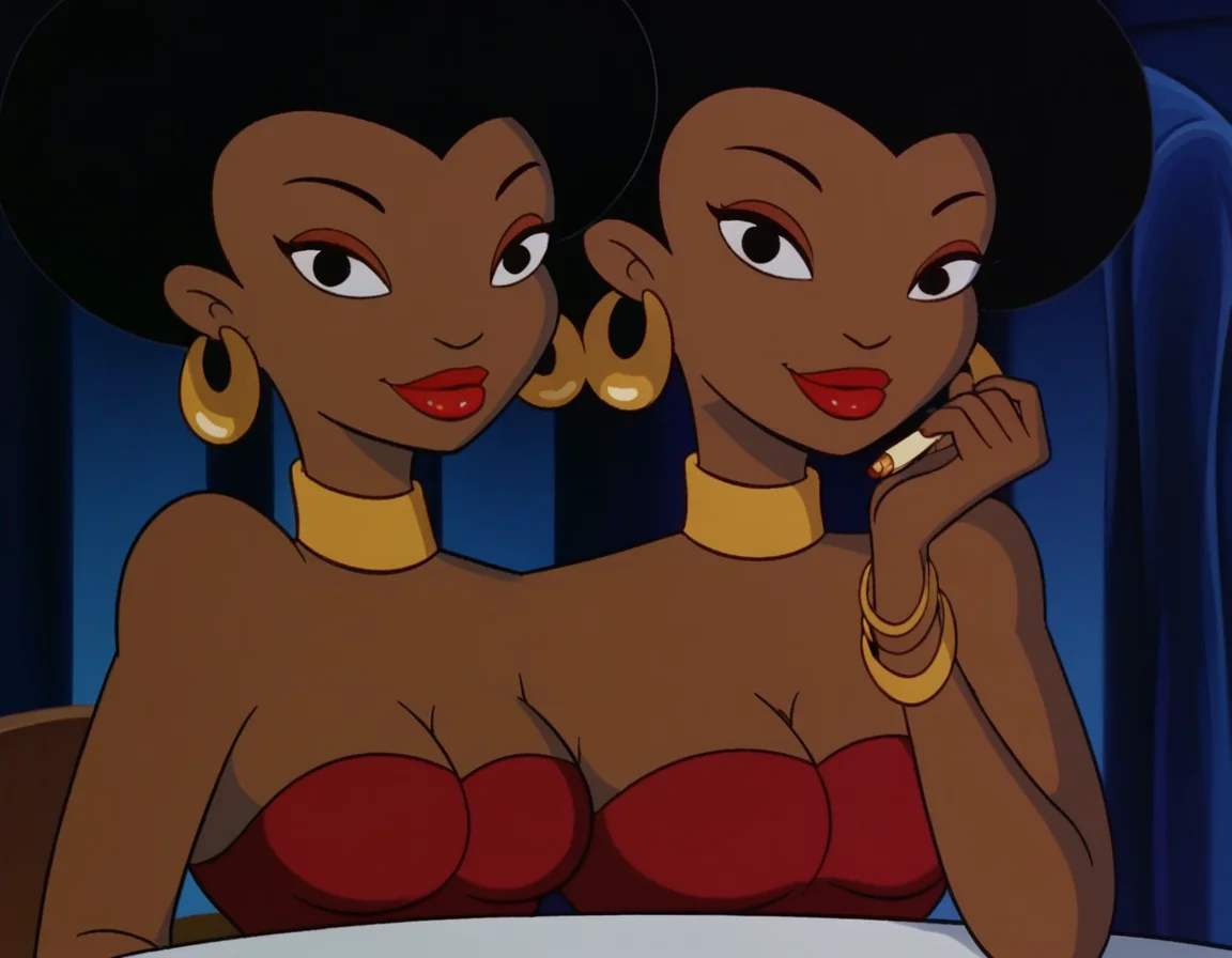 score_9, score_8_up, score_7_up, source_anime, <lora:sensational-sartori-sisters-ponyxl-lora-nochekaiser:1>, sensational sartori sisters, multiple girls, black hair, 2girls, medium breasts, dark skin, dark-skinned female, makeup, siblings, lipstick, sisters, very dark skin, lipstick,, dress, cleavage, bare shoulders, jewelry, earrings, choker, bracelet, strapless, red dress, hoop earrings, neck ring,, indoors, smile, looking at viewer, solo, sitting, head rest, table,, cowboy shot, dutch angle