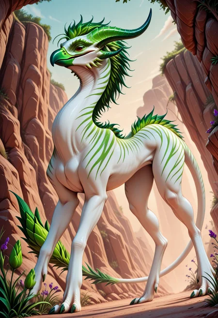 Rating: safe, masterpiece, best quality, amazing quality, highres, absurdres, Gaula, 1animal, biped, standing on rear legs, small front legs, feral, sharp beak, green tail tip, flower bud tail, clustered tail tip, green and purple horns, forward-pointing horns, white skin, variegated green stripes, long neck, (korschen, equine physique, tall, long legs, long legs, thick rear legs, muscular rear legs, thick thighs), green leaf mane along back, thick mane, rearing up,
high angle, side view, Dutch angle, variety,