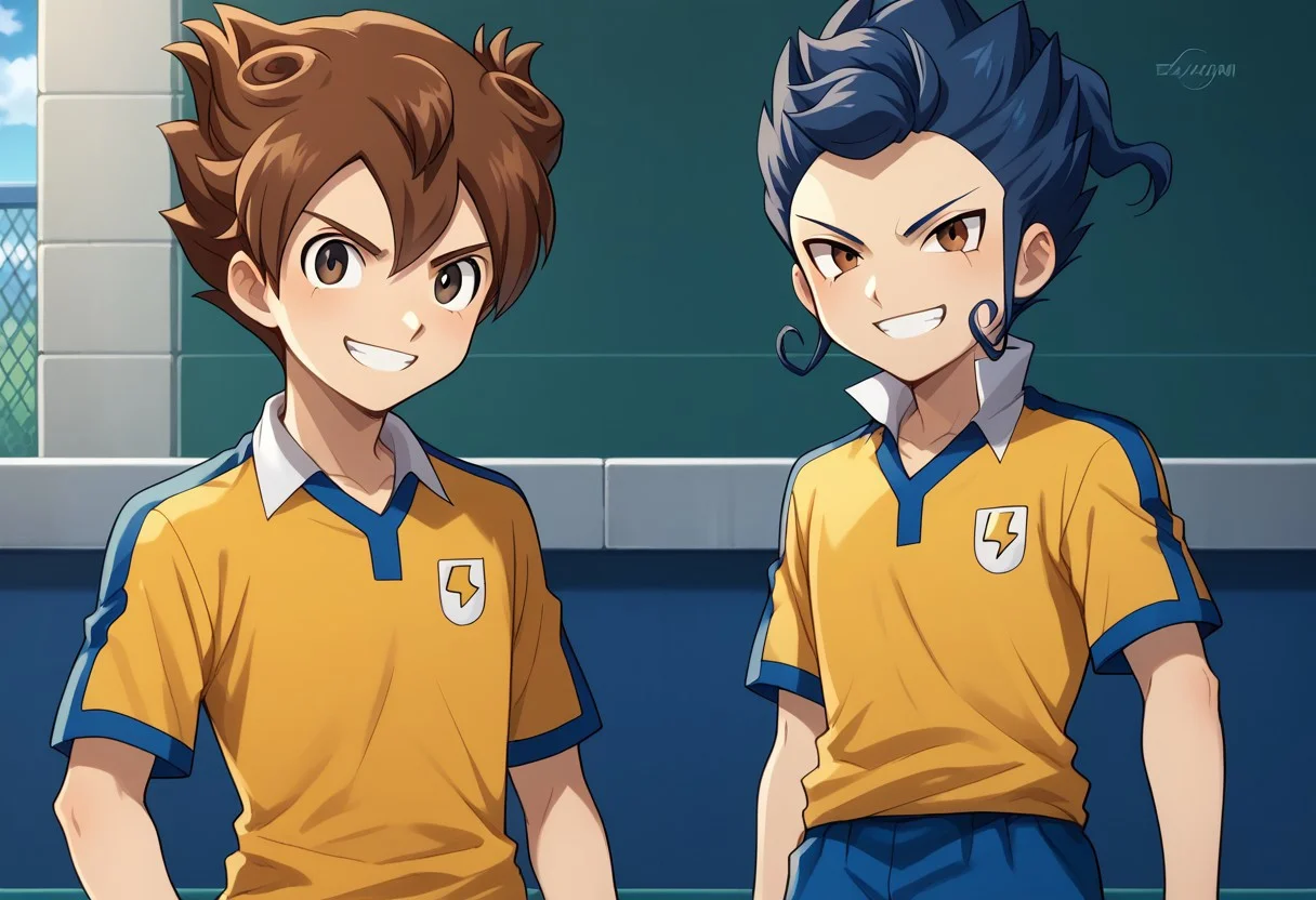 score_9, score_8_up, score_7_up, source_anime, highly detailed, 2boys,
tsurugi, 1boy, male focus, blue hair, brown eyes, sportwear, raimon, raimon soccer uniform, shirt, yellow shirt, short sleeves, shorts, blue shorts, grin BREAK
tenma, 1boy, male focus, brown hair, grey eyes, sportwear, soccer uniform, raimon soccer uniform, raimon, shirt, yellow shirt, short sleeves, shorts, blue shorts, grin, BREAK
outdoor, upper body, posing for a photo, looking at viewer,
