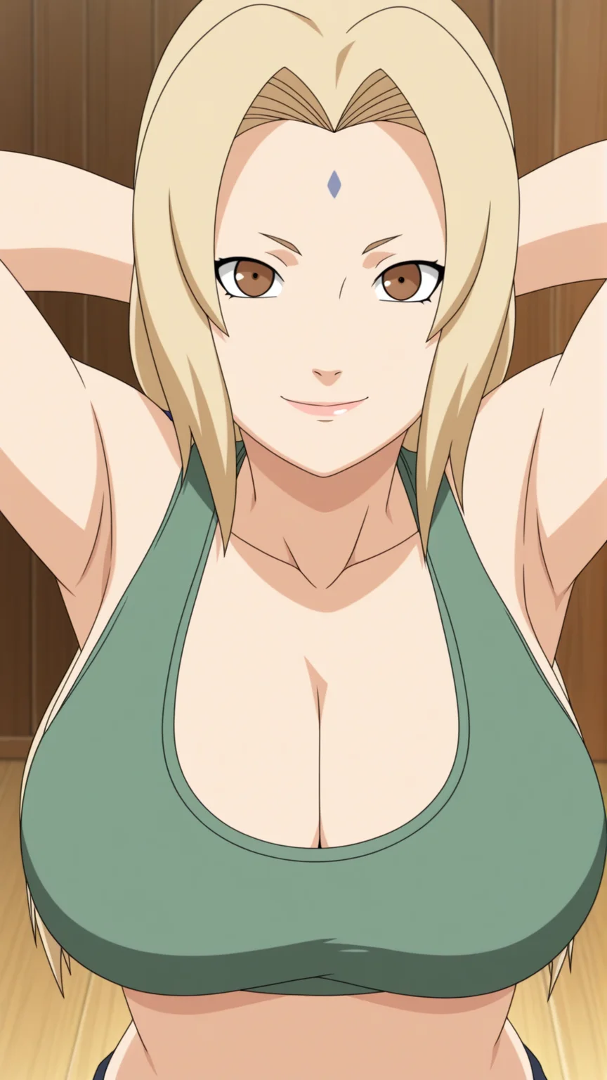 anime coloring, official style, highres, anime screenshot, dramatic lighting, intricate details, masterpiece, best quality, absurdres, depth, Tsunade_XL, facial mark, mature female, short eyebrows, forehead mark, Tsunade_XL, 1girl, solo, long hair, breasts, looking at viewer, brown eyes, cleavage,, collarbone, nail polish, facial mark, red nails, mature female, short eyebrows, toenail polish, forehead mark, green sports bra, black leggins, big breasts, curvy_figure,, perfect lips, smile, arms behind head <lora:Tsunade_XL-14:0.9>