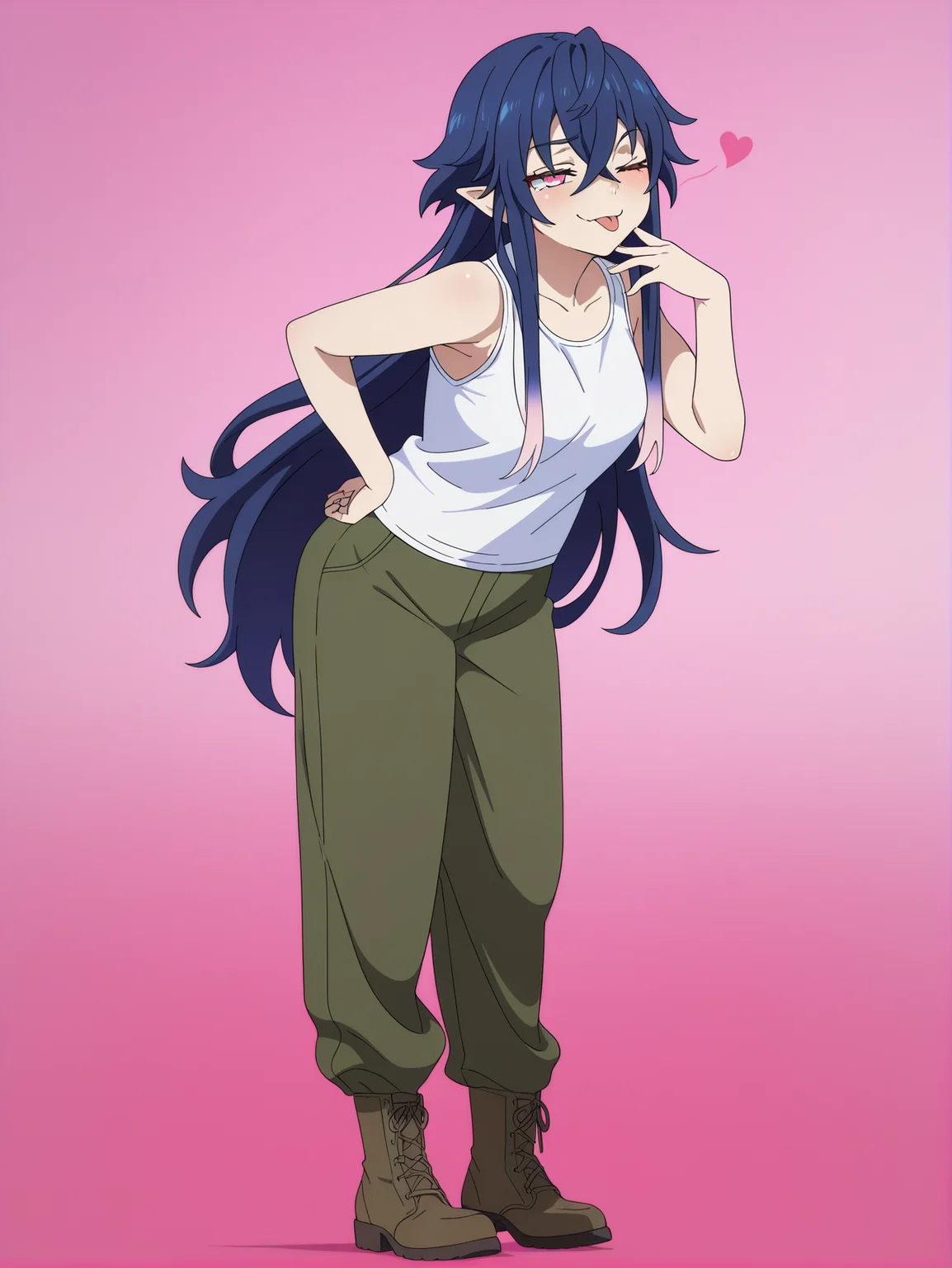 masterpiece, best quality, amazing quality, very aesthetic, absurdres, newest, defined facial features, anime coloring, anime screencap, pink background,
<lora:Irina-Lev-Anya_IL1.1v0a:1> luminesk irina, smug, tongue out, one eye closed, pink background, hearts, full body, white tank top, green military pants, brown footwear,
