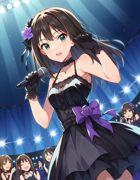 score_9, score_8_up, score_7_up, source_anime,
rinshibuya, <lora:rin-shibuya-ponyxl-lora-nochekaiser:1>,
rin shibuya, black hair, green eyes, long hair,
black gloves, black gothic dress \(idolmaster\), black ribbon, black shirt, choker, collarbone, gloves, hair flower, hair ornament, hair ribbon, idol, purple flower, ribbon, shirt, sleeveless, sleeveless shirt,
indoors, stage, stage lights, concert, audience, holding microphone, microphone, singing,
looking at viewer, dutch angle, cowboy shot,