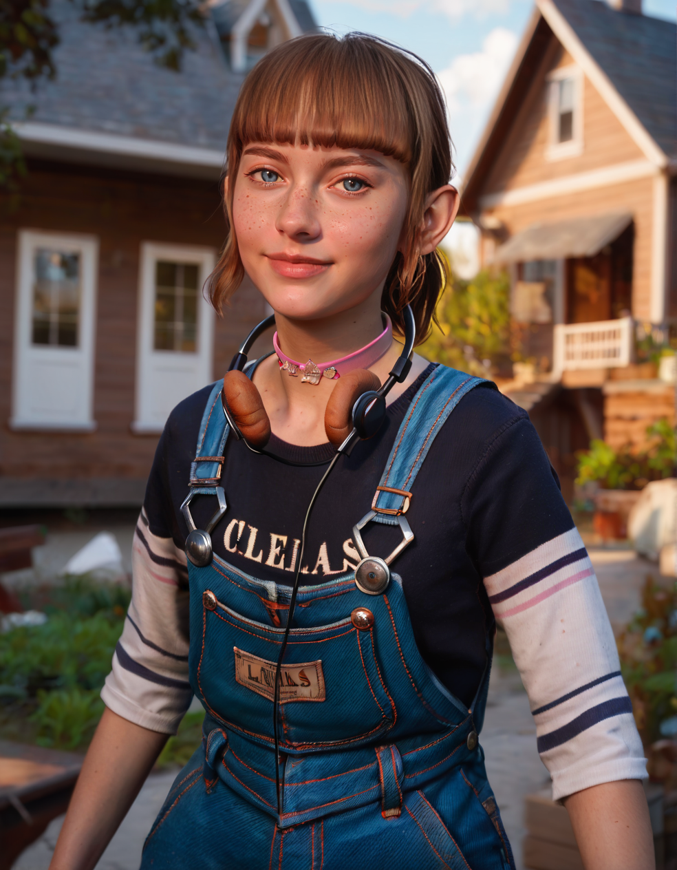 CyberRealisticPony_POSV1, <lora:kat_v1.9-000013:0.8>, 1girl, young, k4tgirl, dark blue eyes, brown hair, short ponytail, sidelocks, blunt bangs, freckles, pink choker, headphones around neck, striped shirt, blue overalls, swinging, looking at viewer, looking at viewer, outside, house, depth of field, <lora:StS_PonyXL_Detail_Slider_v1.4_iteration_3:3>