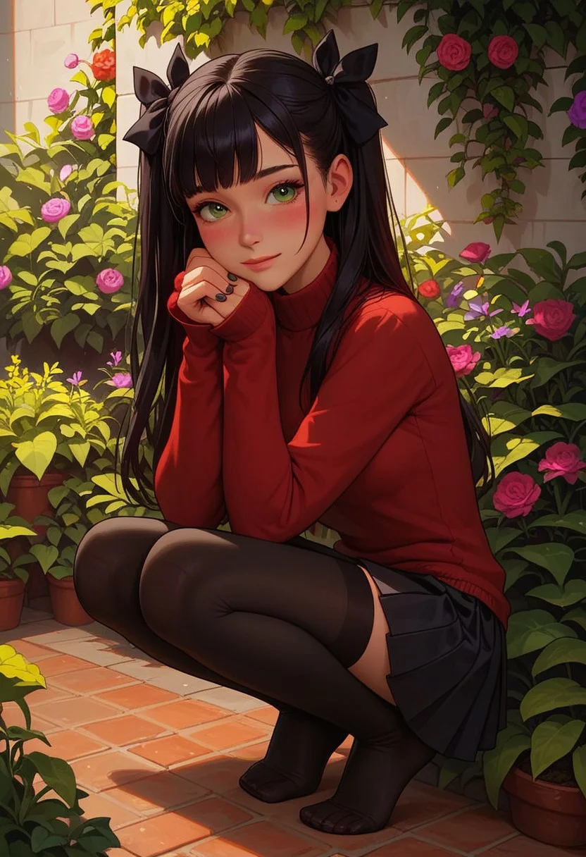 score_9_up, score_8_up, score_7_up, score_6_up, 1girl, 25 years old, perfect face, cute, petite,
green eyes, looking at viewer,
black hair, long hair, hair intakes, two side up, hair bow, black bow,
red sweater, turtleneck sweater, long sleeves, cross, black nails,
black skirt, pleated skirt,
black thighhighs, no shoes,
elbow rest, closed mouth, feet, from side, full body,
hand on own chin, head rest, squatting, tiptoes,
garden, flowers, shy smile, blush,