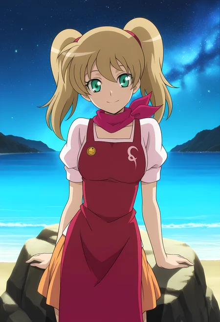 masterpiece,best quality,amazing quality,
solo,
Nagisa Daimonji (Cardfight Vanguard), green eyes, twintails, blonde hair, scarf, dress, short sleeves, puffy sleeves, apron, skirt,
looking at viewer, smile,
lying, Leaning back on rock,
cinematic,
bloom, night, at beach, starry sky, galaxy sky, glowing blue ocean waves, blue light, detailed shadow,
Official style, anime screencap, anime coloring,