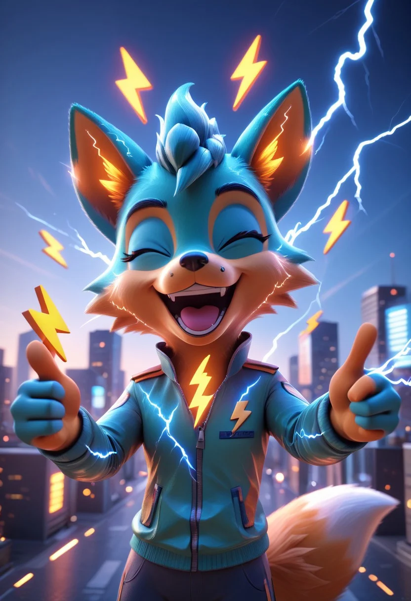 Buzz2, digital illustration, a fox, lightning bolt symbols, laughing, pointing at viewer, winking, the word "BUZZ", 3D, in a city scene, electricity, glowing