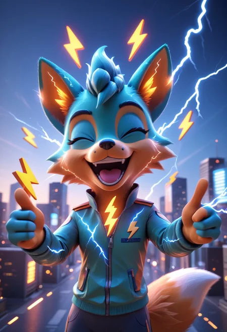 Buzz2, digital illustration, a fox, lightning bolt symbols, laughing, pointing at viewer, winking, the word "BUZZ", 3D, in a city scene, electricity, glowing