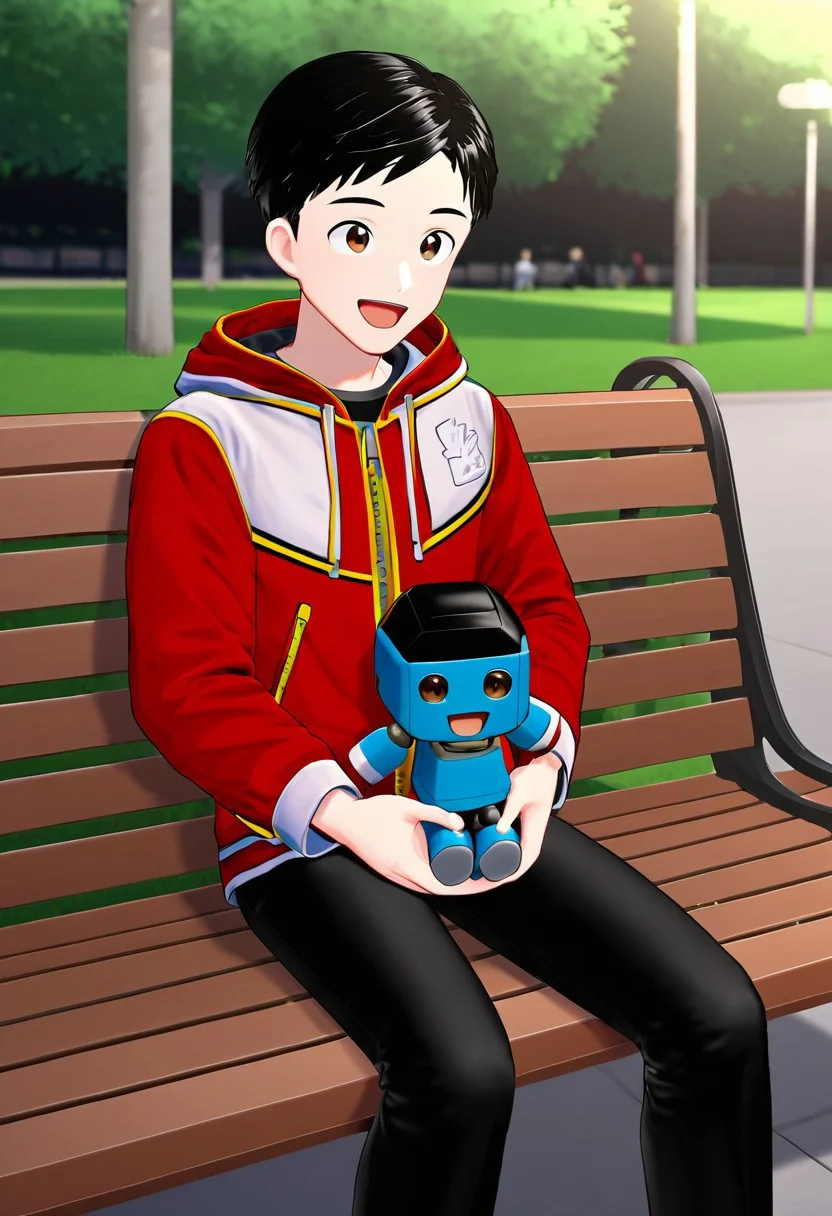harmard, black hair, short hair, brown eyes, 1boy, (solo:1.20), solo focus, red_white_jacket, black pants, at park, happy expression, sit on bench, holding a robot toy, black shoes