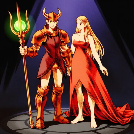 a fftstyle drawing of of two characters, a man and a woman, standing side by side. The man is wearing a red and gold armor with horns on his head and is holding a green crystal ball in his right hand. He is also holding a golden trident in his left hand. The woman is standing next to him with long blonde hair and is wearing an orange dress with a red cape. They are both looking at each other with a serious expression on their faces. The background is dark and there is a hint of purple lighting behind them. The overall mood of the image is mystical and powerful., long hair, blonde hair, dress, bare shoulders, green eyes, barefoot, pointy ears, armor, strapless, glowing, red dress, elf, staff, strapless dress, pauldrons, magic, tiptoes, energy ball, wizard, casting spell