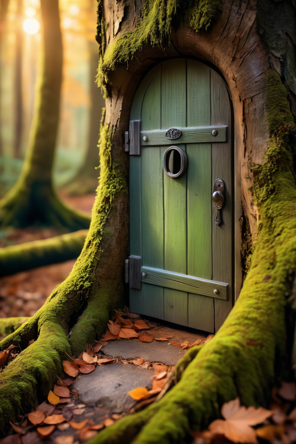 professional macro photography, close-up shot of a tiny door in an old mossy tree trunk, dirty and weathered door, small path leads to door, old enchanted forest background, bokeh, sunset light, autumn forest, magical athmosphere underlined by dusty air reflecing the light, shot by Canon EOS R5,  <lora:add-detail-xl:1.5>
