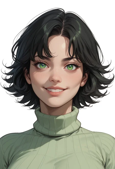 score_9, score_8_up, score_8, score_7_up, score_7, ((close up)), face focus, Expressiveh
BREAK
1girl, solo, Buttercup (Powerpuff girls), black hair, green eyes, short hair, large breasts, looking at viewer, head tilt, seductive look, aroused, horny, standing, light green turtleneck sweater, light smile
BREAK
white background