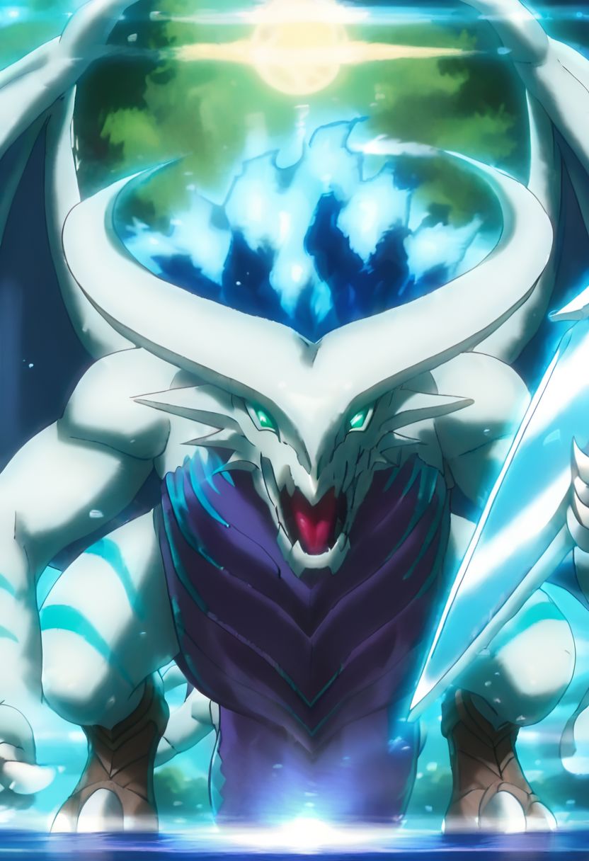 score_9_up, score_8_up, score_7_up, anime style, hd, ultra detailed, alone, full body, dragon, emerald green eyes, non-human, spirit, dragon, white western dragon, toothless and rostrum style snout, antlers with a half-moon pattern, light blue flames that go from the back of the head to the tail, a spear at the tip of the tail, background forest,