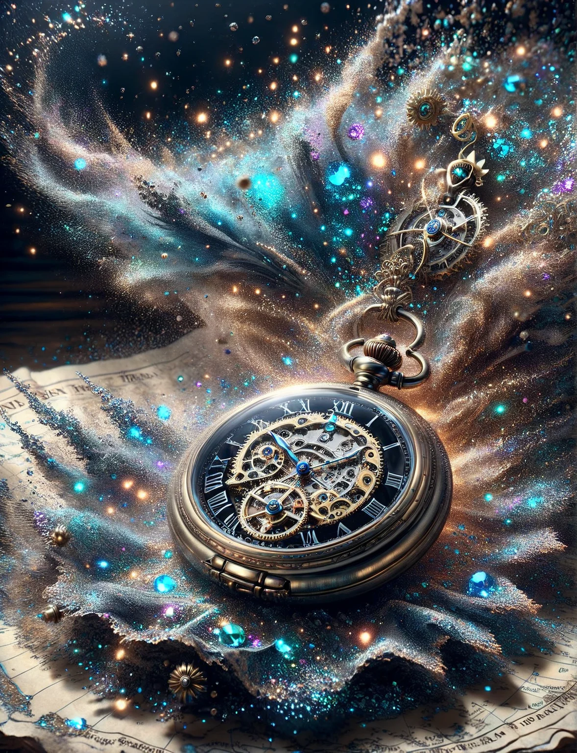 A ais-glttrbmb open pocket watch, its intricate gears in motion, resting atop an old map with routes to hidden treasures marked in faded ink <lora:ais-glttrbmb-sdxl:1>