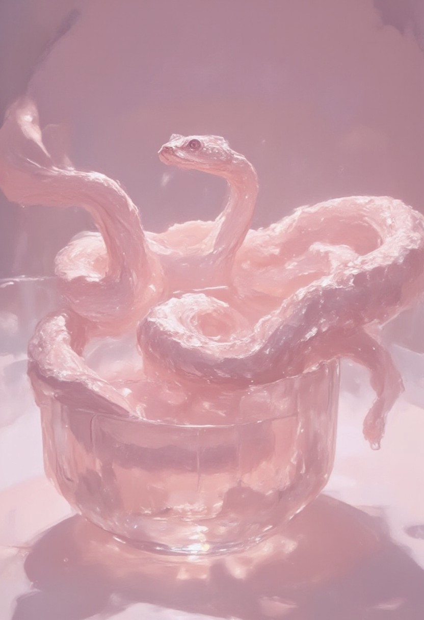 This is a highly detailed, surrealistic digital artwork featuring a pink and white albino ball python coiled in a shallow, clear, water-filled container. The snake's scales are meticulously rendered with a smooth, glossy texture, showcasing a gradient of pastel pink and white hues, giving it a dreamlike quality. The snake's eyes are open, with a subtle, serene expression, adding to the ethereal atmosphere.