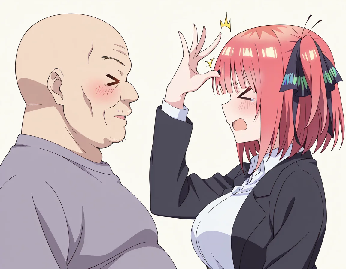 masterpiece, best quality, amazing quality,, <lora:nino-nakano-honeymoon-ponyxl-lora-nochekaiser:1>, nino nakano, short hair, bangs, large breasts, pink hair, blunt bangs, side ponytail, one side up, anime screencap, <lora:forehead-flick-illustriousxl-lora-nochekaiser:1>, forehead flick, flick, blush, closed eyes, open mouth, > <, couple, hetero, <lora:faceless-ugly-man-illustriousxl-lora-nochekaiser:1>, faceless ugly man, faceless, ugly man, fat, faceless male, fat, bald, mature male,,