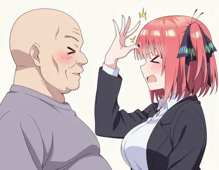 masterpiece, best quality, amazing quality,, <lora:nino-nakano-honeymoon-ponyxl-lora-nochekaiser:1>, nino nakano, short hair, bangs, large breasts, pink hair, blunt bangs, side ponytail, one side up, anime screencap, <lora:forehead-flick-illustriousxl-lora-nochekaiser:1>, forehead flick, flick, blush, closed eyes, open mouth, > <, couple, hetero, <lora:faceless-ugly-man-illustriousxl-lora-nochekaiser:1>, faceless ugly man, faceless, ugly man, fat, faceless male, fat, bald, mature male,,