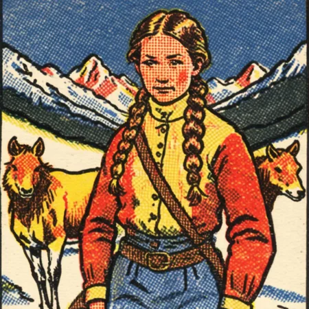 ASCIIVeryBadPrint , half body shot, Realistic (contrasted), gold rush, 1880, pioneer, skinny, klondike, woman, brunette, braided hair,snow, night lights, adventure, winter clothes, cold, portrait, dirty clothes, mountain background, animal hide, fur,