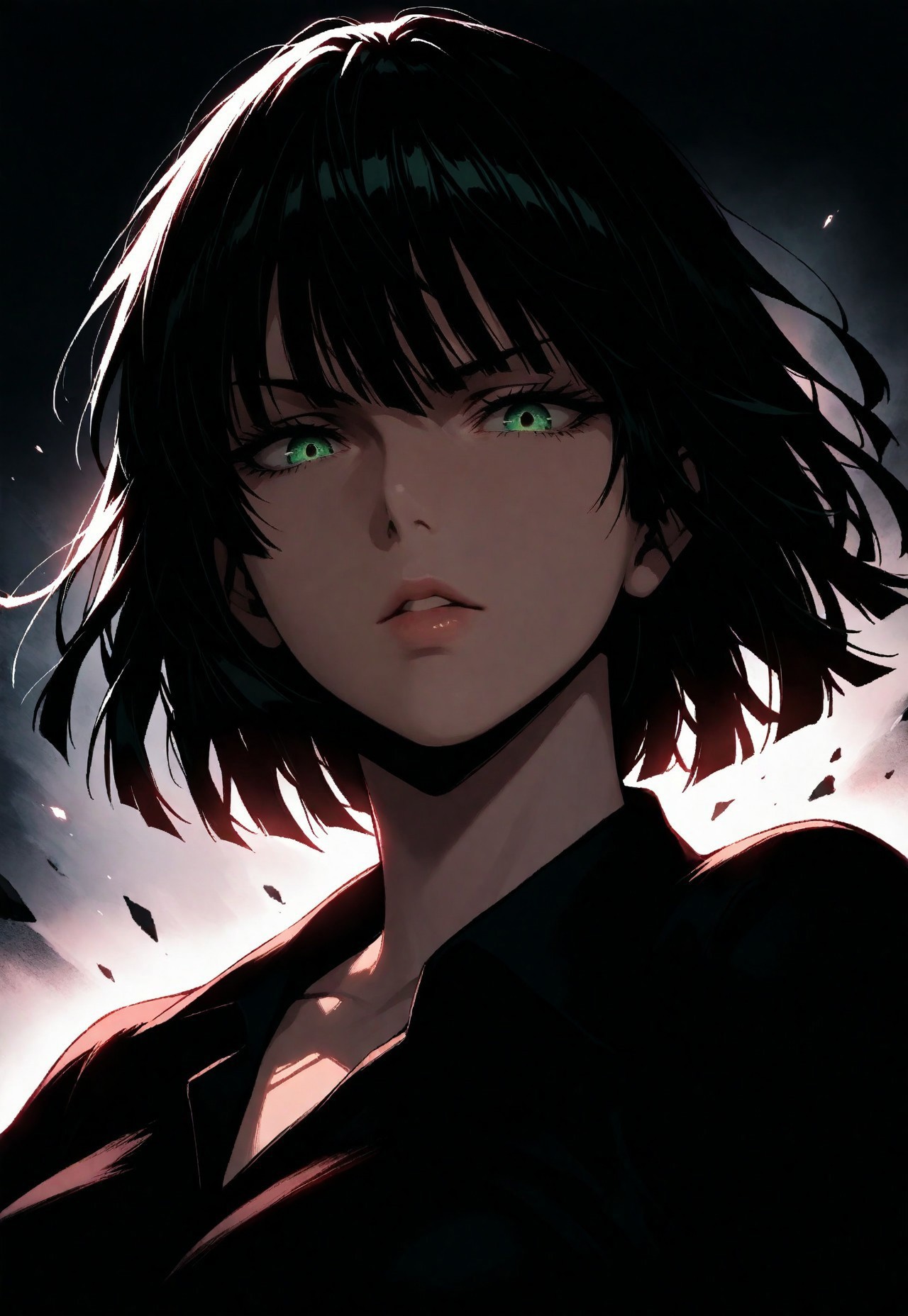 1boy, fubuki from one punch man, lips, thin lips, parted lips, solo, looking at viewer, upper body, dark, underlightling, masterpiece, best quality, very aesthetic