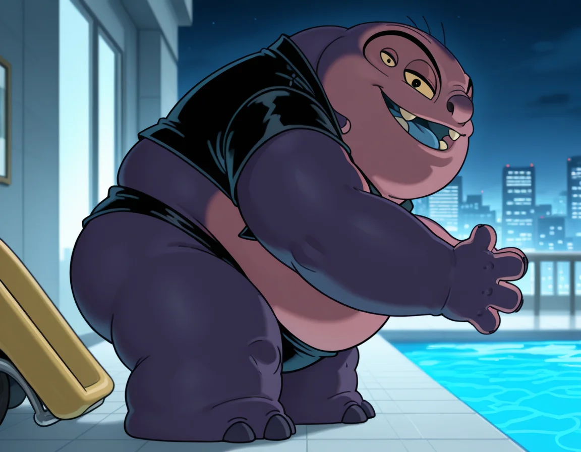 score_9,score_8_up,score_7_up,source_anime,source_furry,1boy,side view,best quality,masterpiece,absurdres,newest,<lora:Jumba_Jookiba_ILXL-000010:1>,jumba,an alien character sitting in a pool chair,(four eyes:1.3),purple skin,large head,small ears,(four fingers on hands:1.3),yellow Sclera,solid black dot pupils,smiling,looking at viewer,dressed in a ninteen-thirties era gangster suit with a tommy gun in his hands standing infront of a ninteen thirties roadster car,open mouth,chubby butt,half closed eyes,spread legs,circular nose,plump body,stubby legs,three large dark colored toenails,head embeded into body,(solid circular feet),(small ears:0.7) BREAK exterior,city streets background,sunny day,four fingers on each hand,dull dark colored claws on hands,thick stubby short legs,