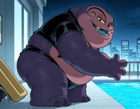 score_9,score_8_up,score_7_up,source_anime,source_furry,1boy,side view,best quality,masterpiece,absurdres,newest,<lora:Jumba_Jookiba_ILXL-000010:1>,jumba,an alien character sitting in a pool chair,(four eyes:1.3),purple skin,large head,small ears,(four fingers on hands:1.3),yellow Sclera,solid black dot pupils,smiling,looking at viewer,dressed in a ninteen-thirties era gangster suit with a tommy gun in his hands standing infront of a ninteen thirties roadster car,open mouth,chubby butt,half closed eyes,spread legs,circular nose,plump body,stubby legs,three large dark colored toenails,head embeded into body,(solid circular feet),(small ears:0.7) BREAK exterior,city streets background,sunny day,four fingers on each hand,dull dark colored claws on hands,thick stubby short legs,