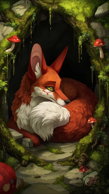 <lora:ck-LttleGhost-000011.safetensors:1> in the style of ck-lttlegh0stThe painting depicts a serene red fox resting inside a mossy cave-like entrance, surrounded by lush greenery and vibrant mushrooms. The fox's soft fur texture is meticulously captured, its expression thoughtful and peaceful. The setting is designed with intricate details, including moss-covered stones, twisted roots, and vines, creating an enchanting atmosphere.