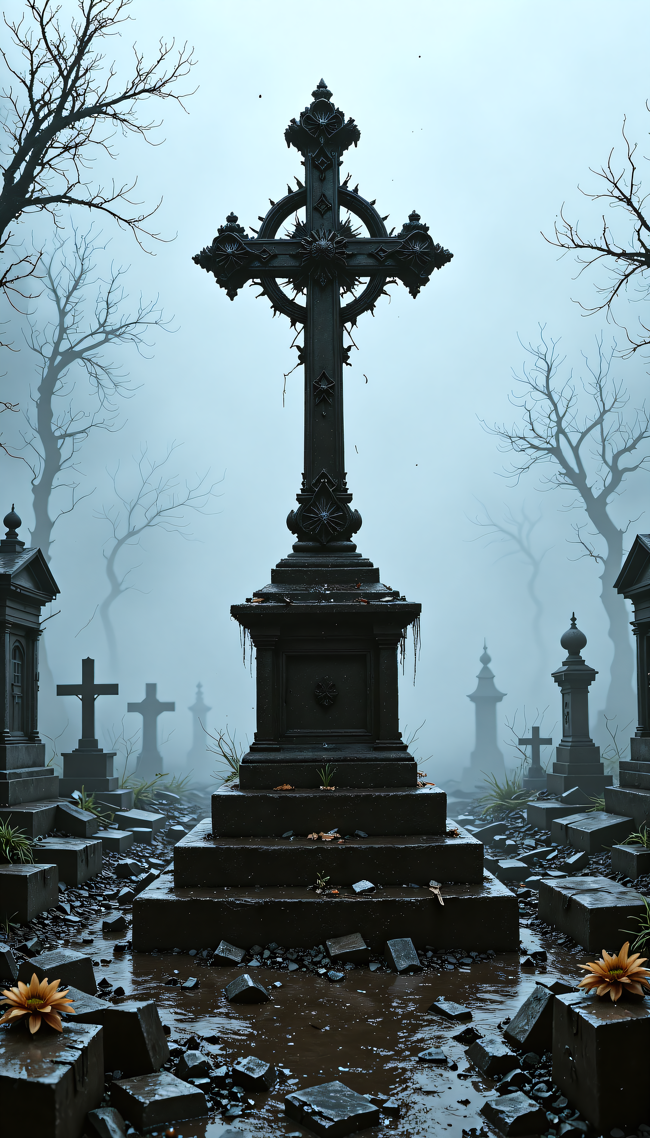 devast8, an ornate cross stands at the entrance to a cemetary on a foggy day