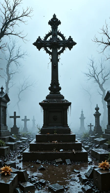 devast8, an ornate cross stands at the entrance to a cemetary on a foggy day