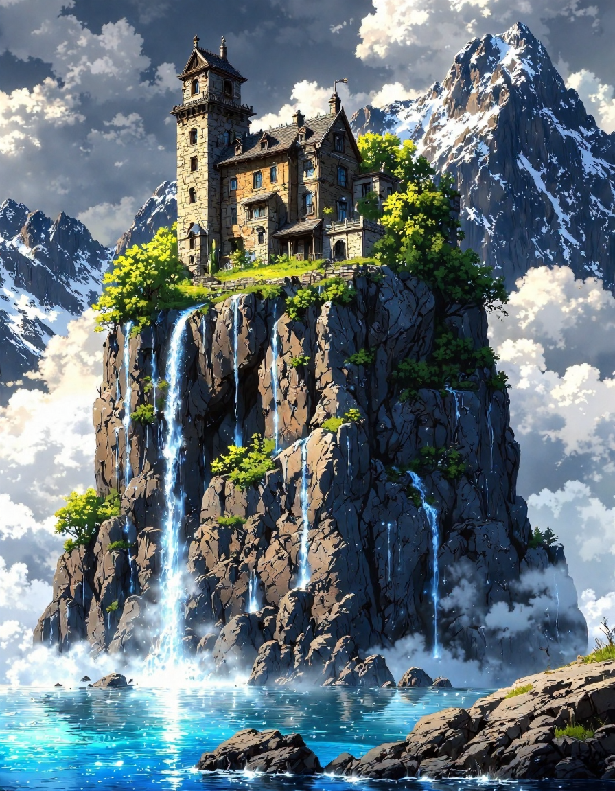 majestic digital painting in a fantasy landscape style. Picture a stone castle perched atop a steep, rocky cliff island surrounded by blue water.  The castle features a tall tower with arched windows and some ruined sections. A waterfall cascades down the cliff face into the water below. In the background, snow-capped mountains rise into a cloudy, bright sky.  The scene is bathed in a soft, natural light, with details like trees, rocks, and water ripples clearly visible.  The composition is grand and sweeping, emphasizing the isolation and beauty of the castle in its dramatic natural setting, <lora:Vibrantly_sharp_style_v.2:0.8>, <lora:FantasyWizardWitchesFluxV2-000001:0.8>, <lora:Cozy_Paradise:1>