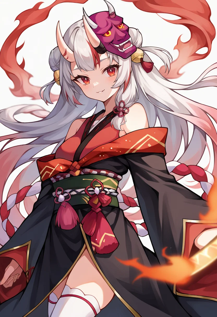 score_9, score_8_up, score_7_up, source_anime, 1girl, solo, AyameBase, oni horns, long hair, double bun, black kimono, short kimono, hair bell, obi, shimenawa, white thighhighs, bare shoulders, long sleeves, oni mask, mask on head, (katana, holding katana), abstract background, flames, smoke, smile, glowing eyes, <lora:CHAR-NakiriAyamePonyXL:1>