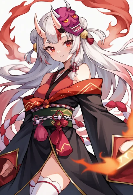 score_9, score_8_up, score_7_up, source_anime, 1girl, solo, AyameBase, oni horns, long hair, double bun, black kimono, short kimono, hair bell, obi, shimenawa, white thighhighs, bare shoulders, long sleeves, oni mask, mask on head, (katana, holding katana), abstract background, flames, smoke, smile, glowing eyes, <lora:CHAR-NakiriAyamePonyXL:1>