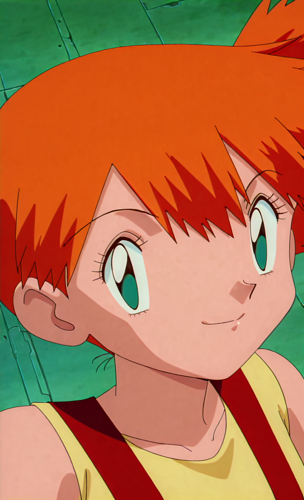score_9, score_8_up,score_7_up, source_anime, retro artstyle 1990s (style), anime screencap, 1girl, solo, mistypkm, misty, kasumi, pokemon, orange hair, side ponytail, suspenders, shirt, looking at viewer, smiling, close up, face focus, <lora:MistyPkmV2-IL:1>