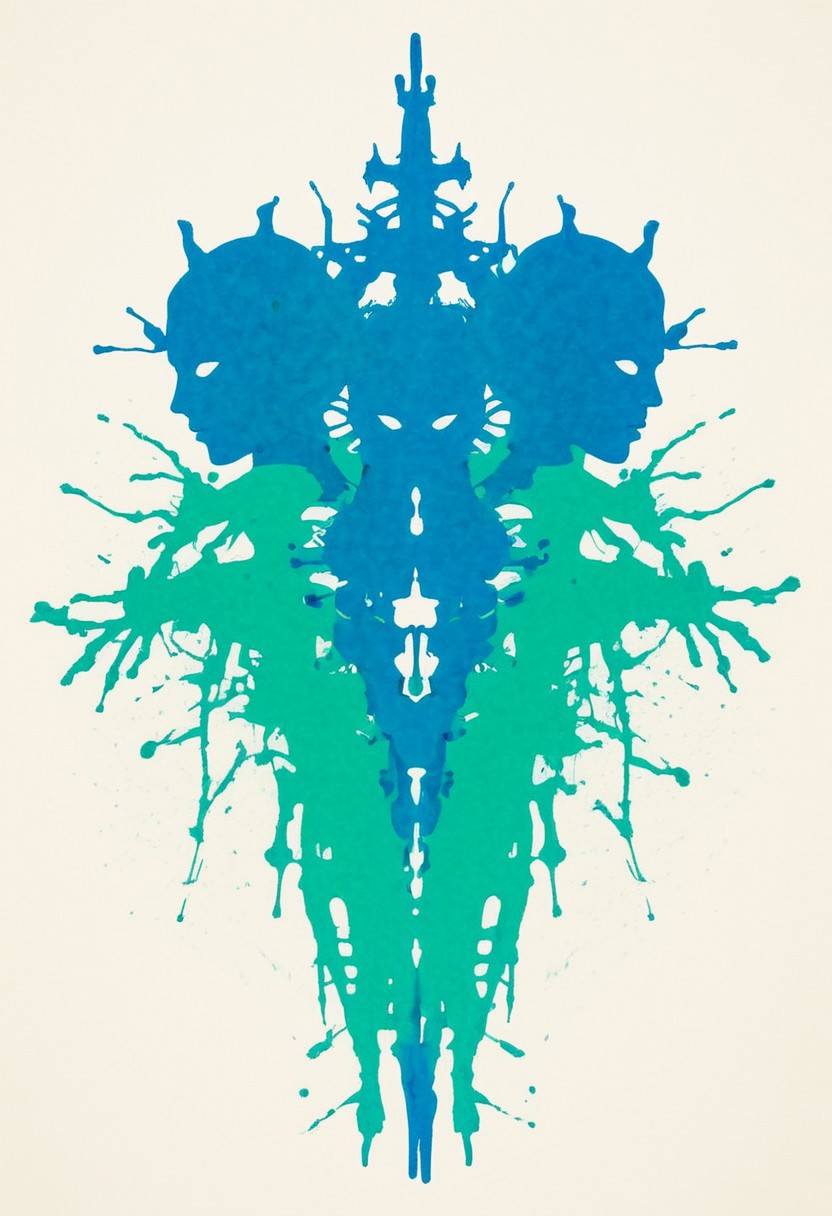 A rorschach-test resembling two symmetrical wired-cyborg samurai Ninjas, dark Blue/green and white translucent ink splashes