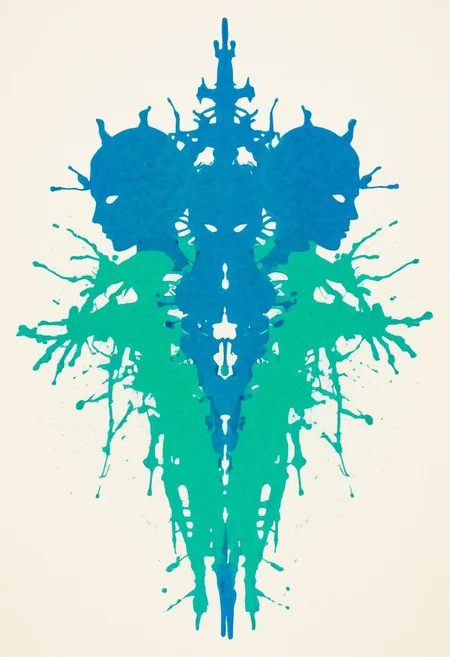A rorschach-test resembling two symmetrical wired-cyborg samurai Ninjas, dark Blue/green and white translucent ink splashes