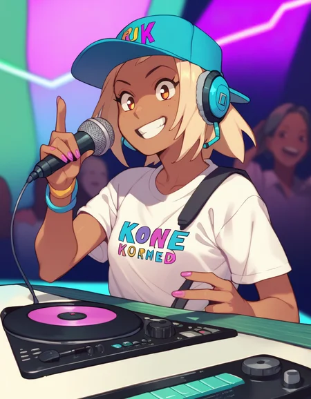 score_9, score_8_up, score_7_up, score_6_up, score_5_up, score_4_up <lora:kitsurubami-ponyxl:1> kitsurubami, dark-skinned female, hat,
1girl, solo, karaoke, karaoke box, dj